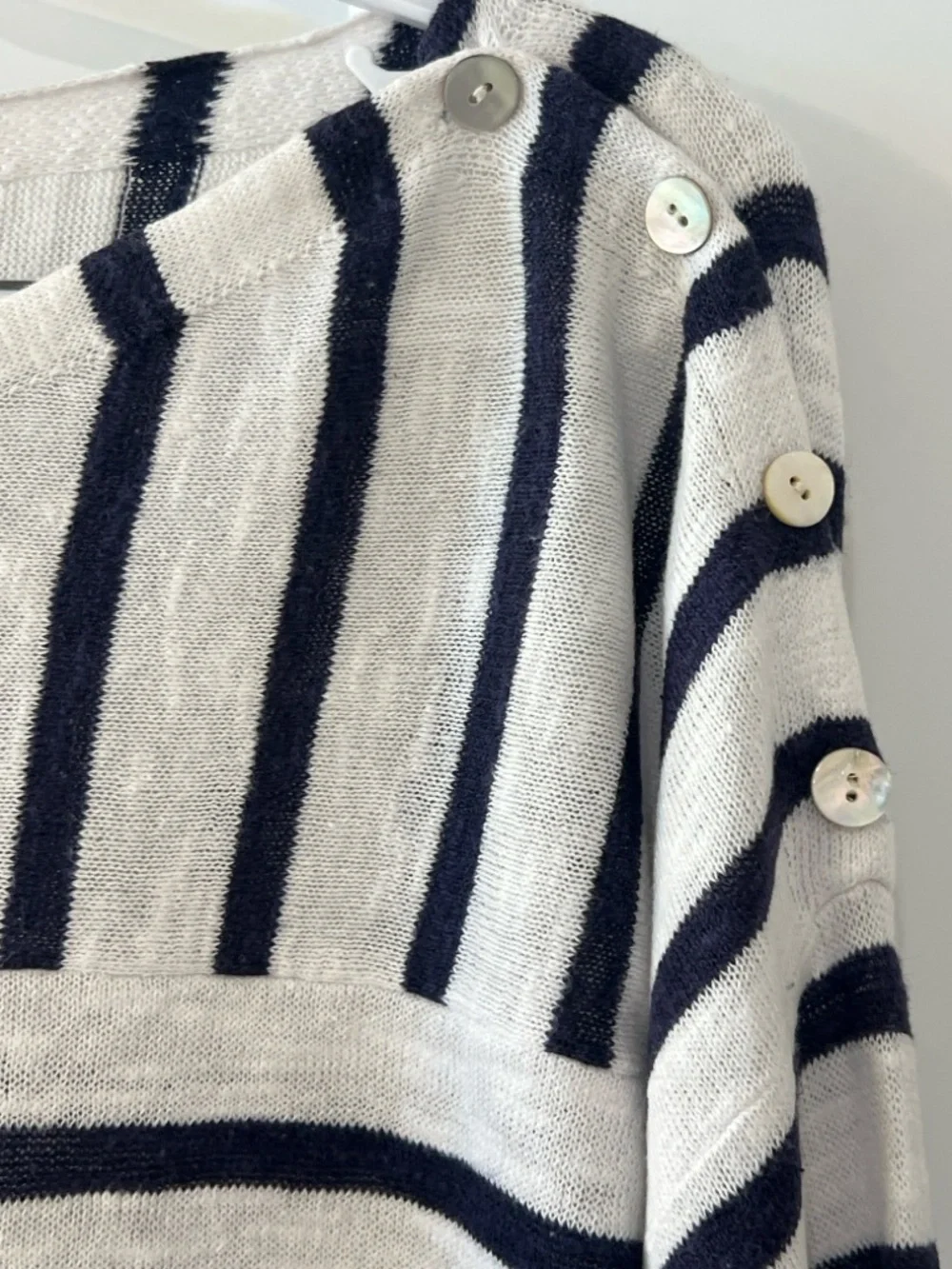 Eileen Fisher Organic Linen Cotton Striped Sweater M Navy Cream Button Shoulder - Picture 4 of 5